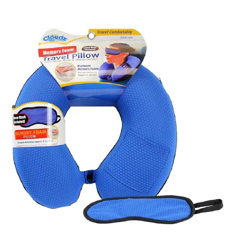 Cloudz - Memory Foam Neck Pillow with Sleep Mask: Sporty Blue/Black Plush - Image 1